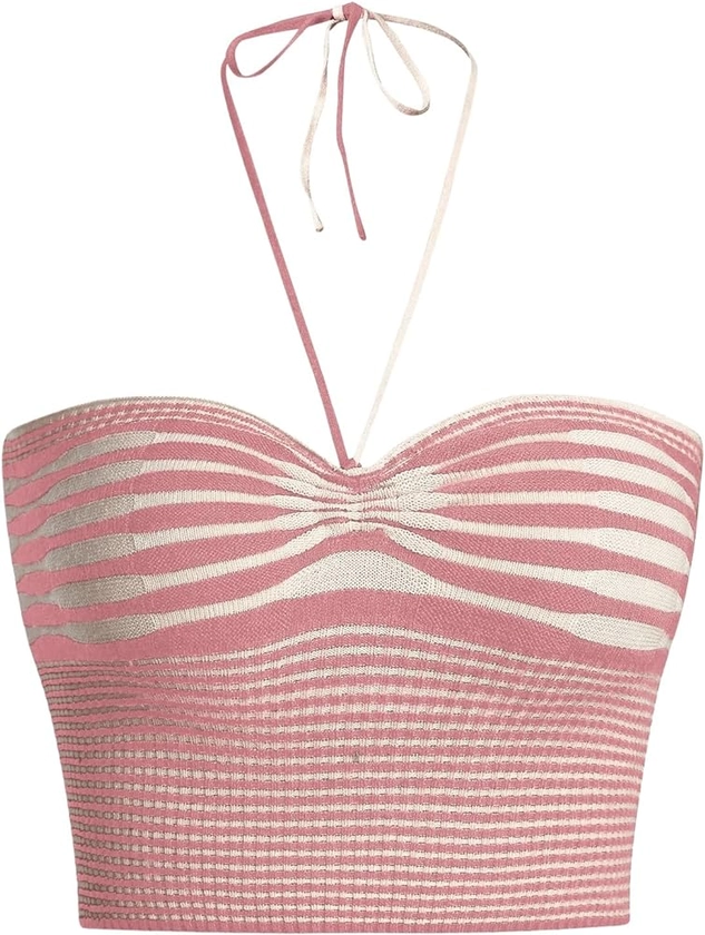 SweatyRocks Women's Striped Tie Backless Halter Top Sleeveless Knitted Crop Cami Tank