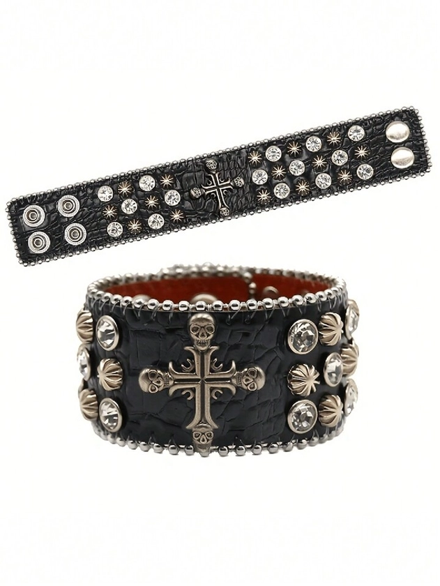 Skull Cross Rhinestone Bracelet For Men & Women, Pu Band Hip-Hop Punk Style White Crystal Inlay Y2k Halloween Wristband