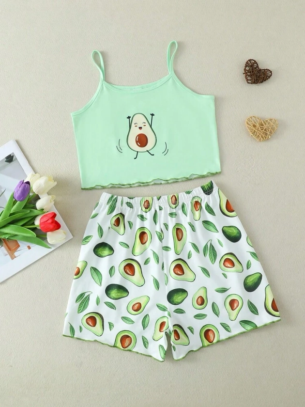 Tween Girl Simple Avocado Printed Tank Top With Shorts 2pcs Casual Home Clothing Set | SHEIN UK