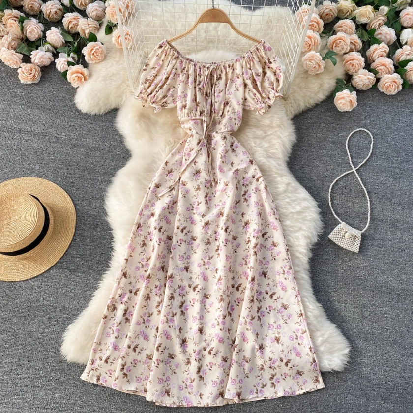 Eromis - Exquisite Floral Dress: Showcasing Off-Shoulder Styling, Elevated Waistline, Sophisticated Bubble Sleeves, and Flattering A-Line Silhouette