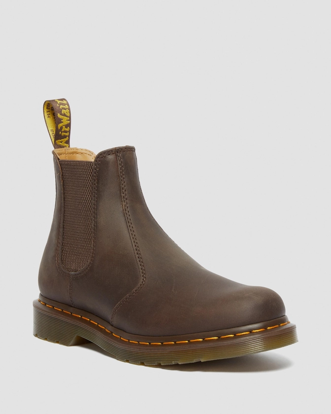 2976 Yellow Stitch Crazy Horse Leather Chelsea Boots in Dark Brown | Dr. Martens