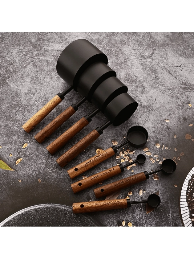 4/8Pcs Wooden Handle Stainless Steel Measuring Cups Spoons Baking Tools Coffee Measuring Spoon Set Bartending Scale Accessories