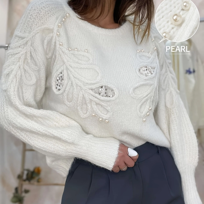 Pull en maille pour femme décontracté avec encolure ronde - Polyester, brodé de paillettes, couleur unie manche longue pour l&#39;automne/hiver