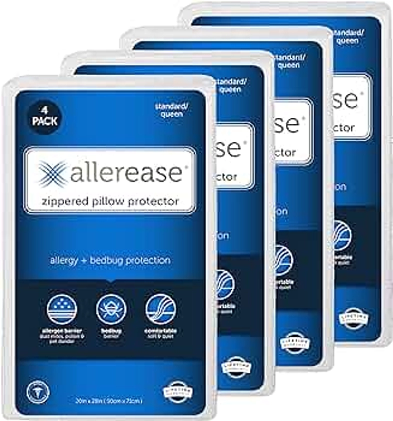 Aller-Ease - Protector de almohada Maximum Allergy Standard/Queen, paquete de 4, funda de almohada hipoalergénica
