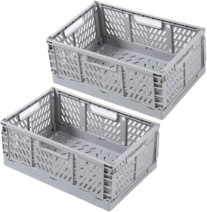 Spesh 2 Pcs Collapsible Storage Boxes Mini Storage Crates Stackable Storage Baskets Plastic Foldable Crates for Desk,Shelf,Drawer(Grey,30*20*12cm)