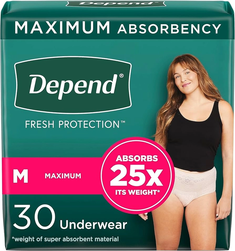 Amazon.com: Depend Fresh Protection Roupa íntima feminina para incontinência e vazamento de bexiga pós-parto, descartável, máxima, média, blush, 30 unidades, a embalagem pode variar : Saúde e Casa