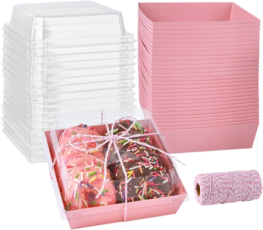 ZORRITA 50 Pack Paper Charcuterie Boxes with Clear Lids, 5 Inch Square Bakery Boxes To Go Food Containers for Mother's Day Desserts, Sandwich, Cake Slice, Strawberries, Cookies (Pink)