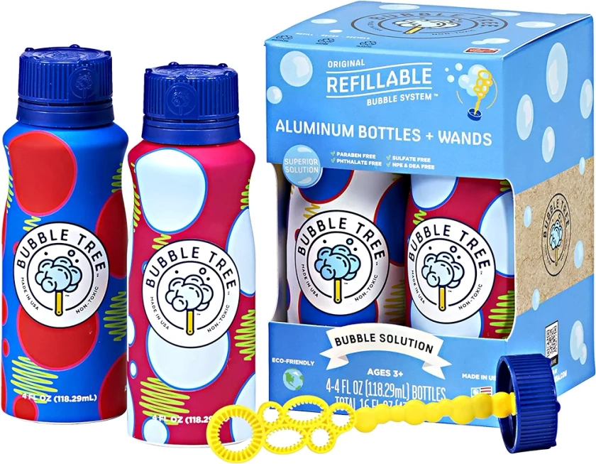 Sustainable Bubble Tree Original Refillable Bubble System Aluminum Bottles (4 Pack of Bubble Solution Made in The USA)