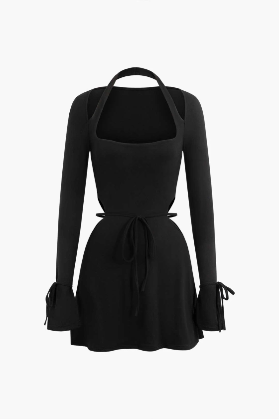 Square Neck Halter Tie Bell Sleeve Mini Dress