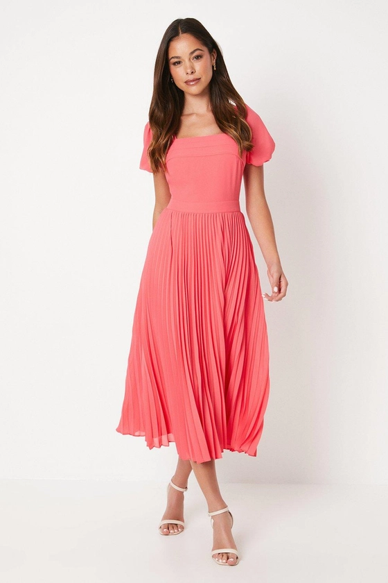 Dresses | Square Neck Puff Sleeve Pleated Midi Dress | Coast