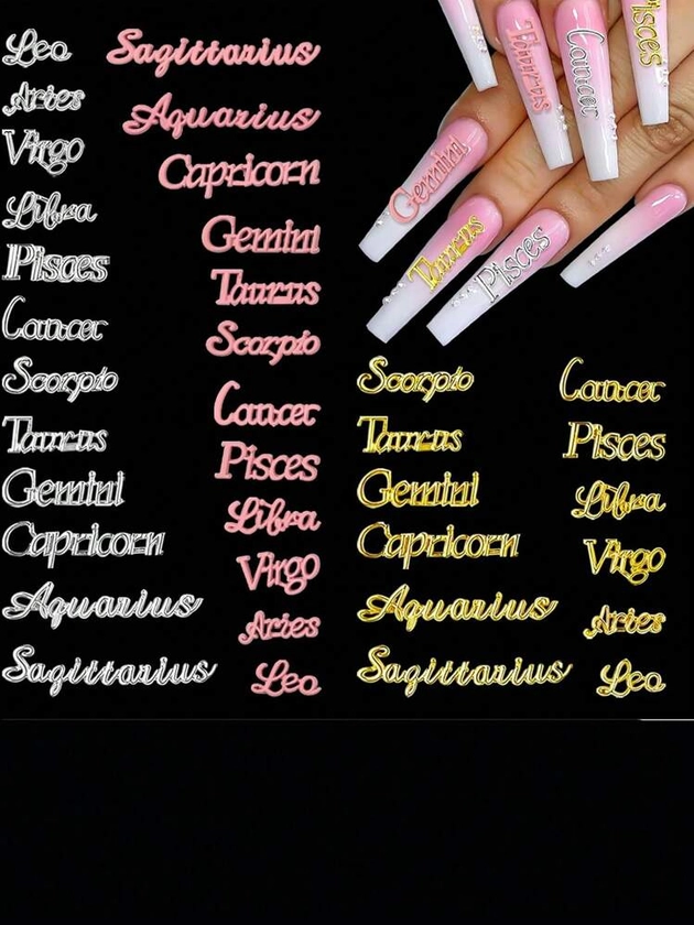 36 Pieces Zodiac Nail Charms Gold Silver Pink Constellation Words Nail Charms Twelve Constellation Nail Charms For Women Girls Nail Art DIY Nail Gems Nail Supplies