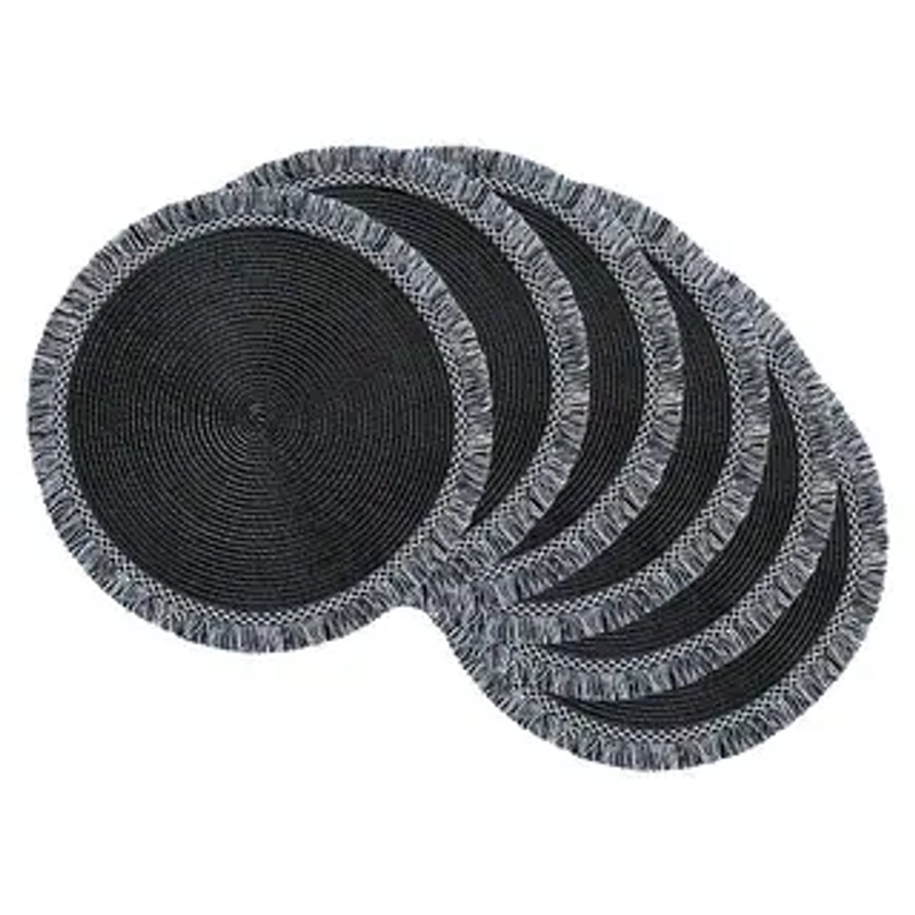 Round Fringed Woven Placemats - 14.75" - Black and White - Set of 6 | Overstock.com Shopping - The Best Deals on Placemats | 39688447