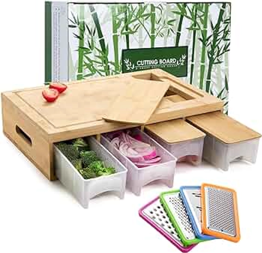 SHINESTAR Bamboo Cutting Board with Containers, Sturdy Meal Prep Station for Kitchen, Includes 4 Graters, 4 Trays with Lids - Easy Food Storage, Christmas Gifts