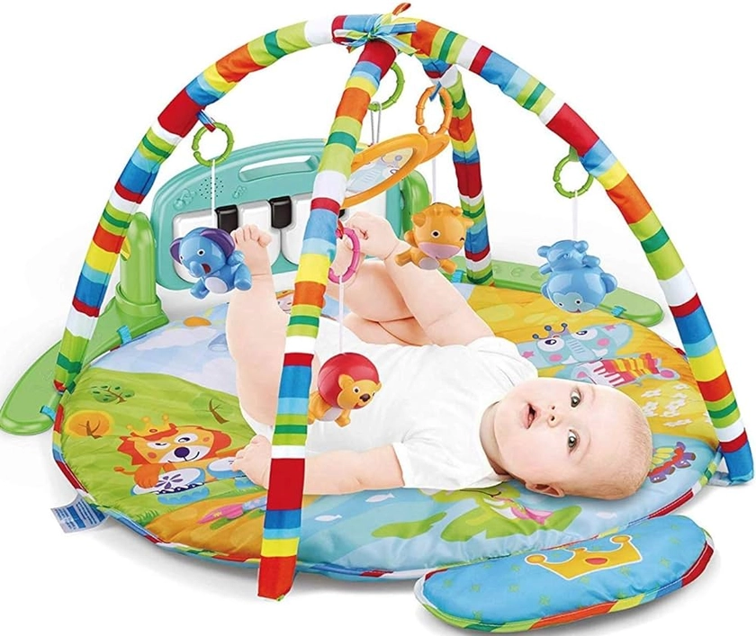 Meero London HE0610 Newborn Blue Round Play mat Gym with Large Keyboard 4 in 1 Kick & Play Activity Centre, Fun Animals, Music, Sound, Textures, Rattle, Discovery Carpet for Infants Toddlers, 0-36M