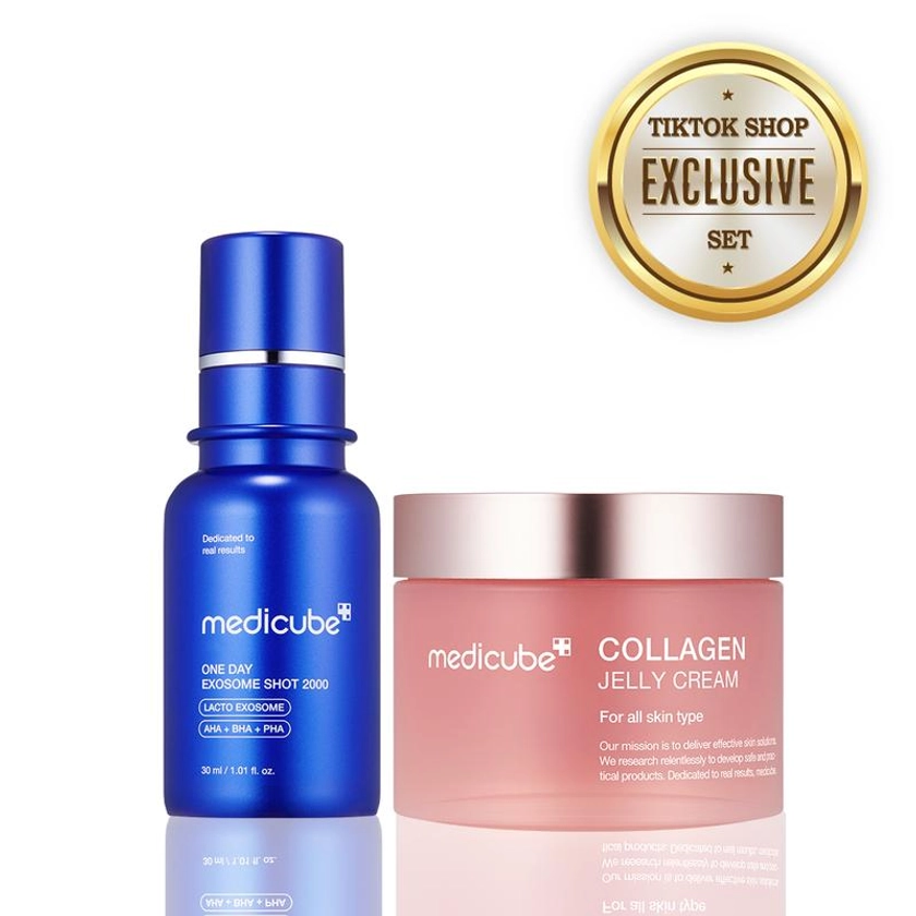 [Medicube Official Shop Exclusive SET] Korean Home Aesthetic Duo l Experience Glass Glow Effect with Zero Exosome Spicule Serum + Collagen Niacinamide Jelly Cream Combination
