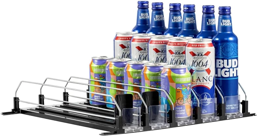 Drink Organizer for Fridge, Self-Pushing Soda Can Dispenser for Refrigerator, Width Adjustable Water Bottle Pusher Glide, 16.2" D, 5 Rows, Black