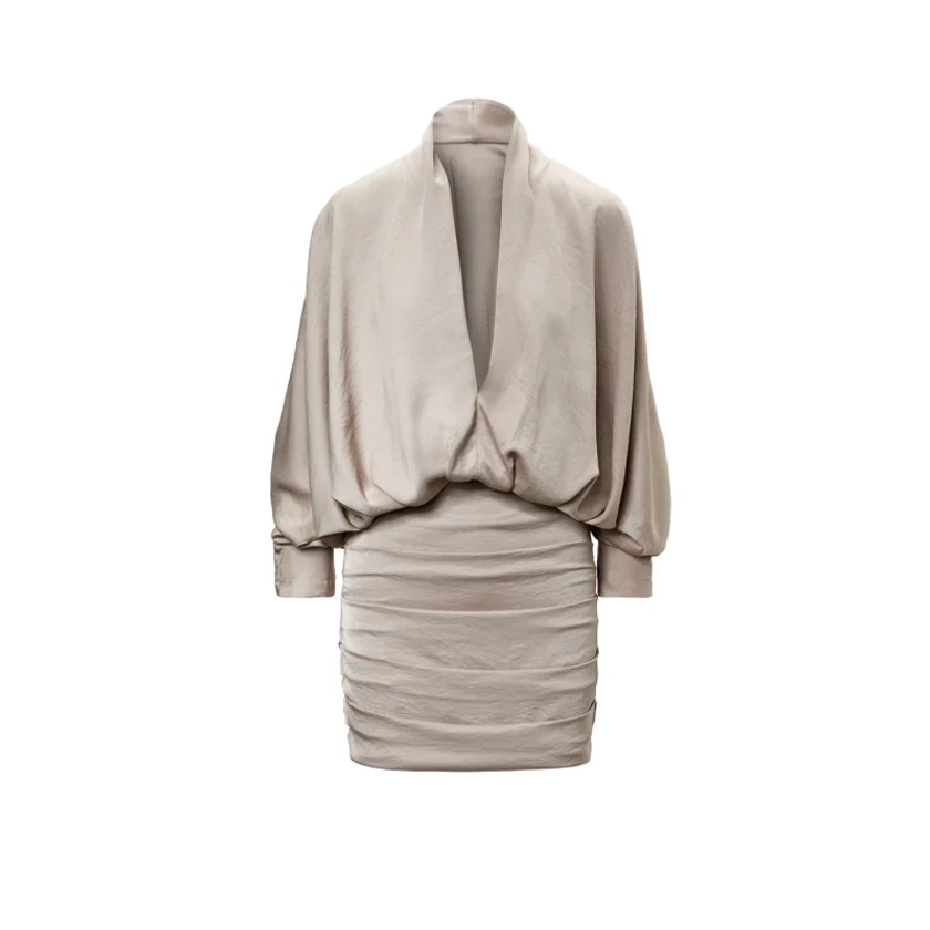 Beige Mini Dress With Draping Detailing And Wide Sleeves