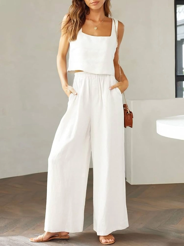 Women's 2-Piece Square Neck Linen Undershirt Plunging Tops Wide-Legged Pants with Casual Suits Sportswear (Color : White, Size : Medium)