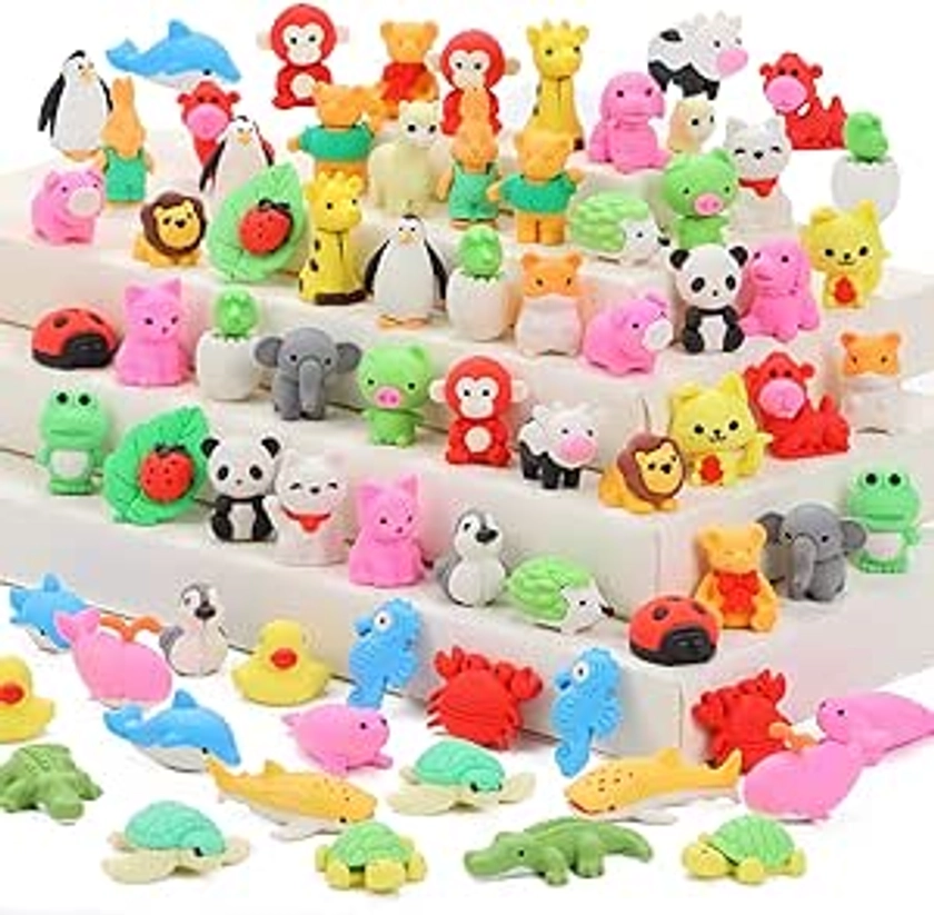 70Pcs Animal Erasers - Desk Pets, 3D Take Apart Pencil Erasers Classroom Rewards,Game Prizes,Treasure Box Party Favors for Kids