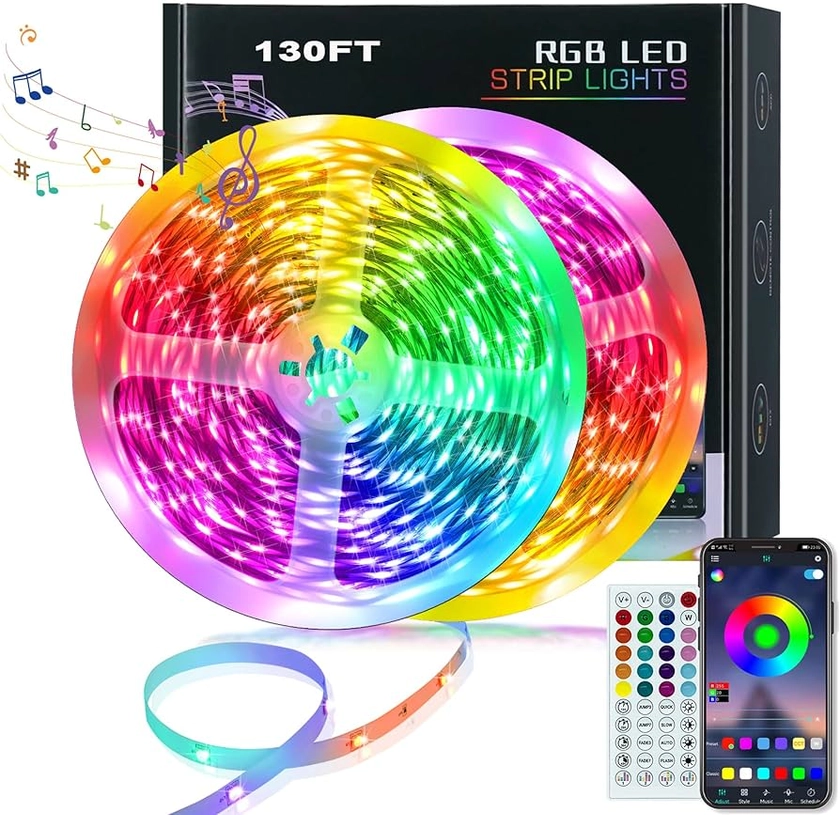 KEELIXIN 130ft Led Lights,Long Led Lights for Bedroom,5050 RGB LED Strip Lights with Remote & Bluetooth App Control Sync with Music,Luces Led para Cuarto,LED Light Strip for Room,2 Rolls of 65ft