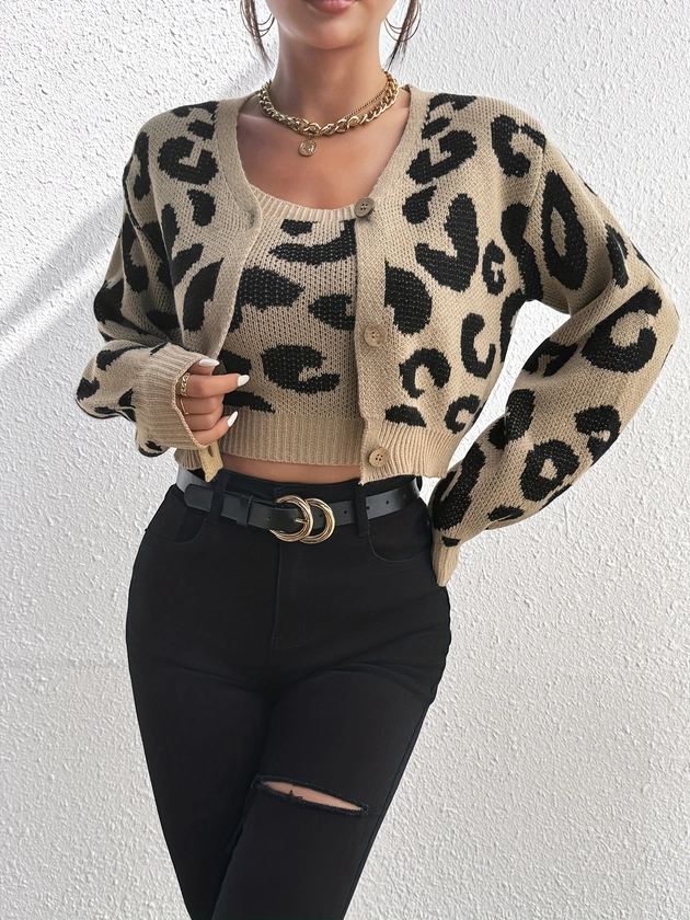 Casual Two-piece Top Set, Leopard Print Single Breasted Cardigan & Square Neck Slim Knitted Tank Top, Women's Clothing