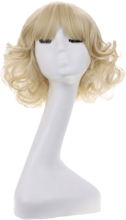 MAGQOO Light Blonde Wig with Bangs Women Girls Short Curly Wavy Wig Light Blonde Hair Wigs Halloween Cosplay Costume Party Wig(12", Light Blonde)