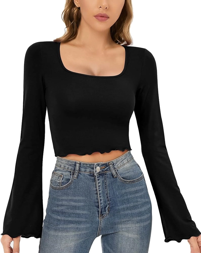 CLOZOZ Crop Tops for Women Square Neck Long Bell Sleeve Tops Lettuce Trim Crop Top Slim Fitted Blouse Sexy Tops for Women