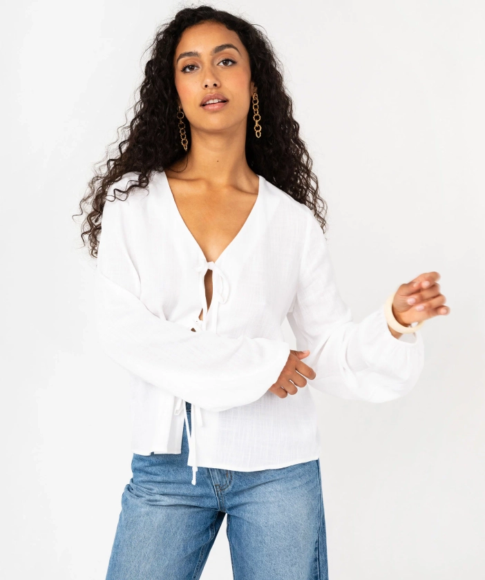 Blouse manches longues à nouettes femme blanc | GEMO