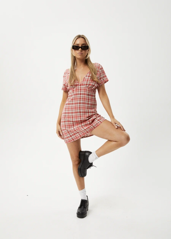 AFENDS Womens Check Out - Tea Dress - Red Check