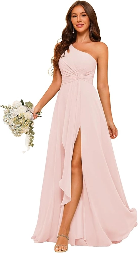 Raseal Chiffon One Shoulder Bridesmaid Dress with Pleated Bodice Long A Line Prom Dress for Women RS028