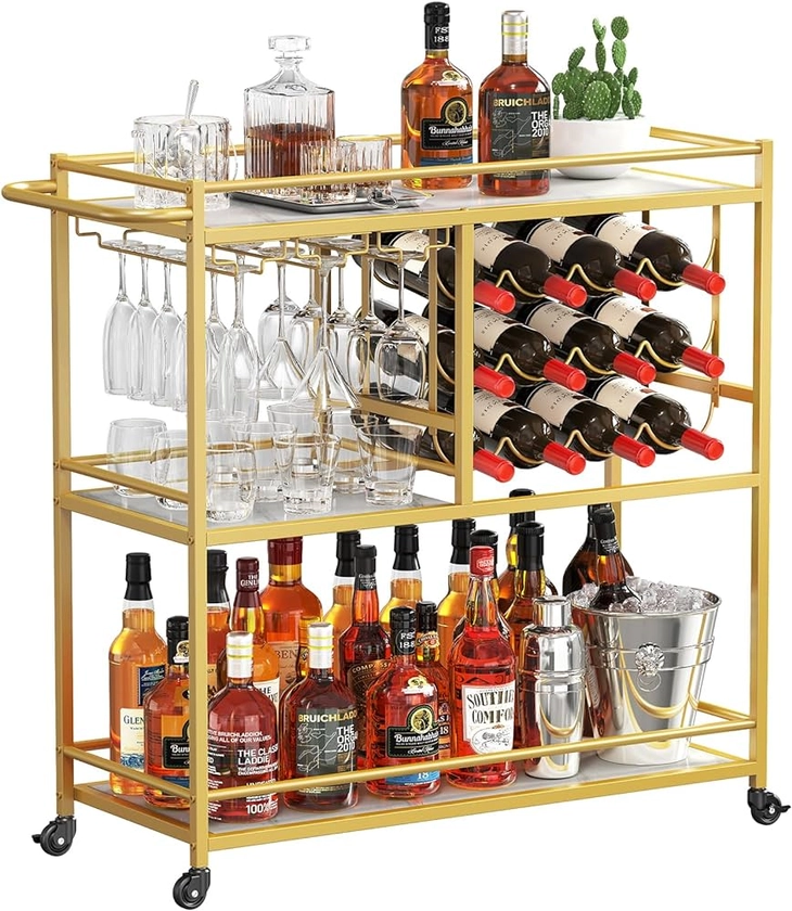 Lifewit Drink Trolley, 3 Tier Bar Cart with Lockable Wheels, 12 Wine Rack and 3 Rows Glass Holders, Kitchen Serving Cocktail Alcohol Trolley for Dining Livingroom, 80.2 x 33.2 x 86 cm, Gold : Amazon.co.uk: Home & Kitchen