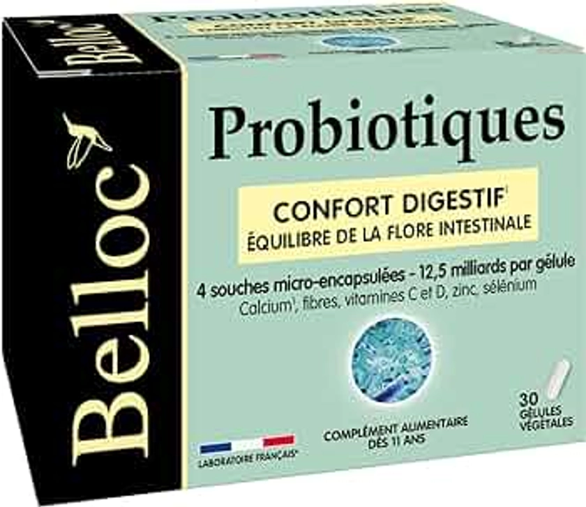 Belloc Probiotiques - Confort digestif – Equilibre de la Flore Intestinale - 4 Souches Microbiotiques - Dès 11 ans - 30 Gélules Végétales
