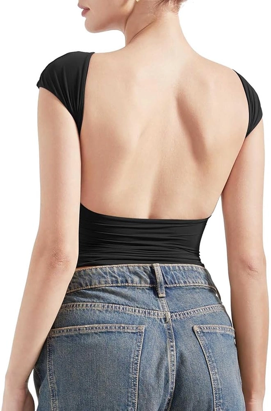 SUUKSESS Women Backless Sexy Going Out Crop Tops Double Lined Open Back Y2k Basic Tee Shirts (Jet Black, M) at Amazon Women’s Clothing store
