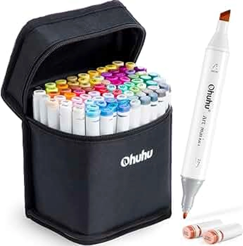 Alcohol Markers, Ohuhu 40 Colours Double Tipped Art Markers for Adults Coloring Illustrations, Alcohol-based Ink with 1 Blender + 1 Marker Case Chisel & Fine, Oahu Series of Ohuhu Markers