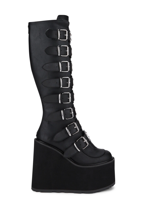 Demonia Swing-815 Buckle Knee High Platform Boots - Black