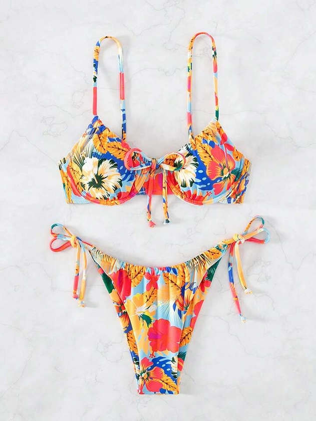 SHEIN Swim Summer Beach Floral Print Underwire Tie Side Bikini Swimsuit | SHEIN USA