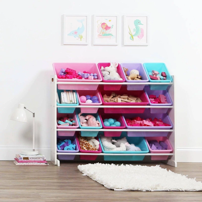Humble Crew White/Pink Kids Toy Storage Organizer with 16 Plastic Bins
