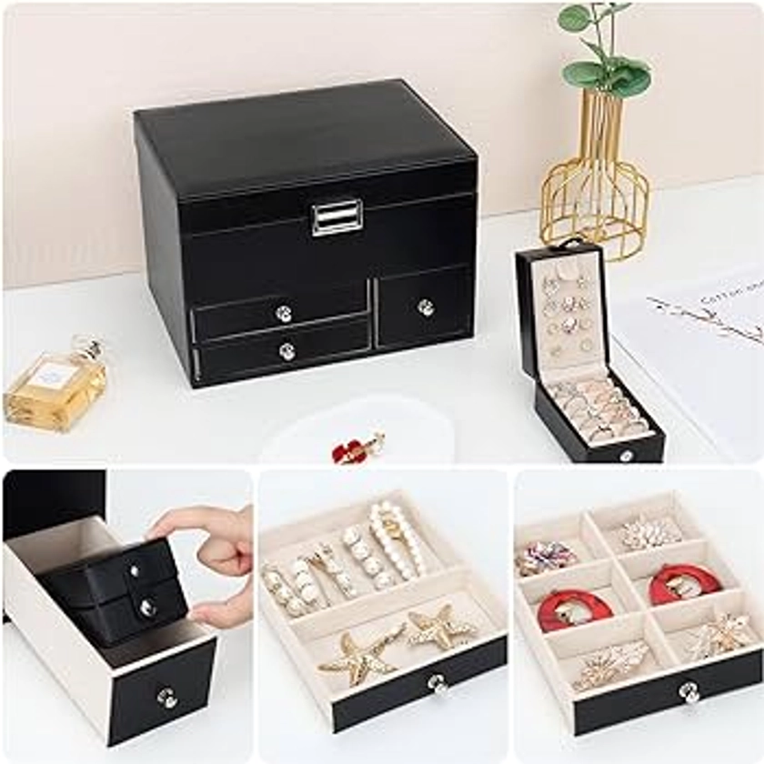 Boîte à Bijoux en Cuir, Coffret à Bijoux 3 Couches Grande Capacité avec Boîte de Voyage Portable, Rangement Bijoux avec Plateau amovible pour Bagues, Colliers, Bracelets, Noir