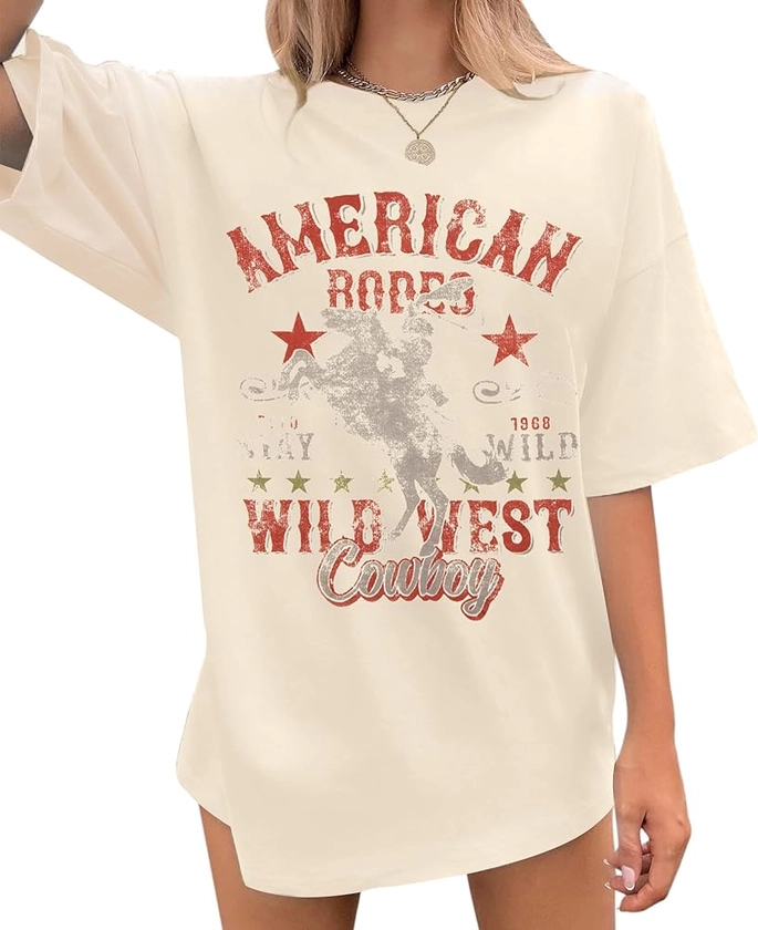 Rodeo Shirts Women Boho Cow Skull Western Graphic Tee Vintage Cowgirl t Shirt American Wildwest Oversized Tops