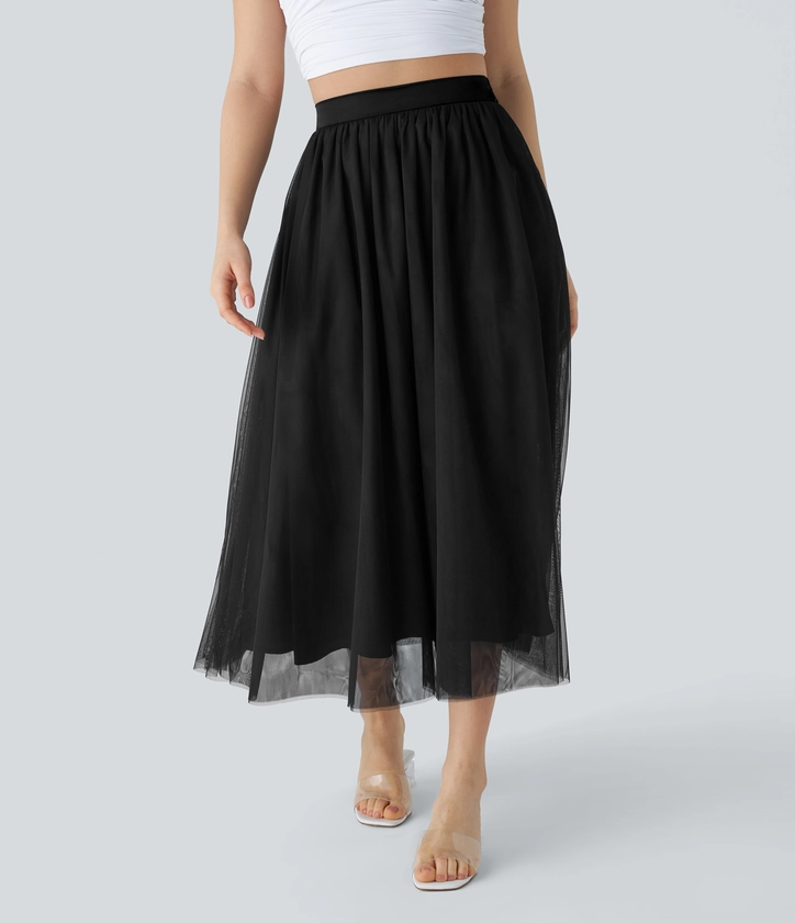 High Waisted Mesh Overlay Flowy Flare Midi Casual Skirt