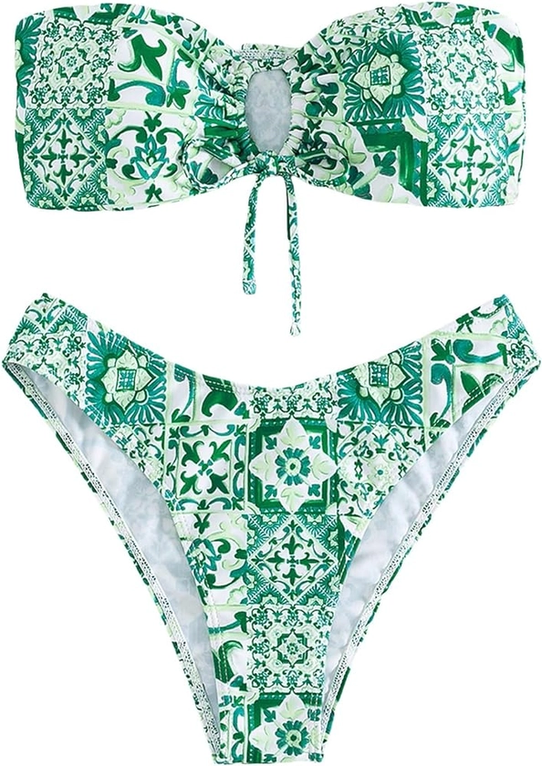 MakeMeChic Women's 2 Piece Bandeau Swimsuit Boho Ring Strapless High Cut Bikini Sets Bathing Suit