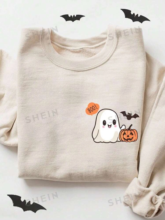 SHEIN Essnce Halloween Shirt, WoMen Halloween Shirt, Halloween T-Shirt, WoMen, Women's, Shirt, Halloween, Pumpkin ,Ghost Sweatshirt, Halloween Tee, Cute Ghost Shirt, Sweatshirt ,Casual Simple Ghost Print Pattern Loose Fit Crew Neck Long Sleeve Women Sweatshirt, Autumn & Winter