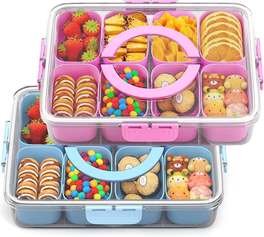 Snack Box Container, Divided Serving Tray with Lid and Handle Snack Organizer Tray, Portable Snack Platters Fruit tray, Veggie Tray Snackle Box Container Beach Essentials Snack Tray 2Pack