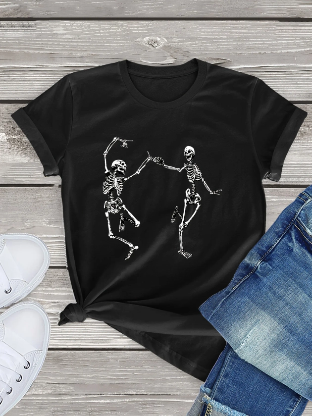 Camiseta con estampado de esqueletos bailando, Top informal de manga corta para primavera y verano, ropa para mujer - AliExpress