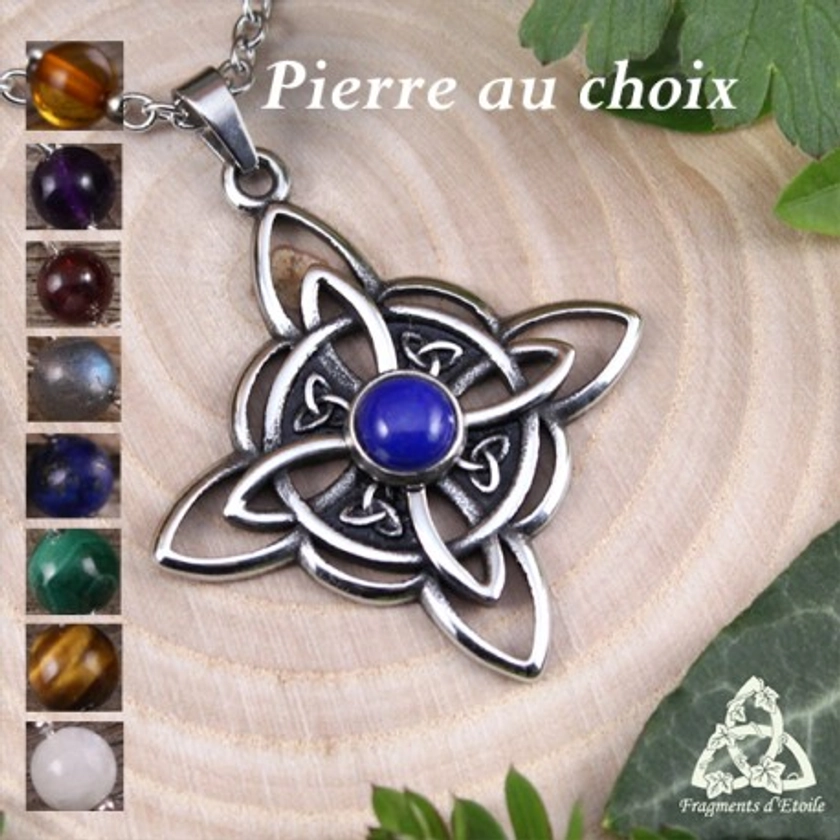 Collier ésotérique Noeud de Sorcière en acier inox et Pierre naturelle