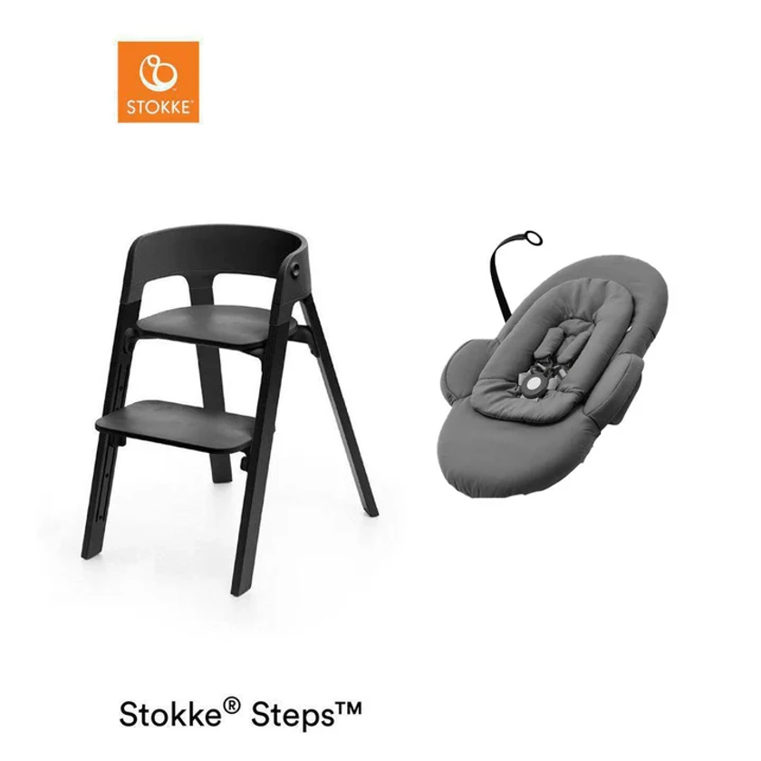 Stokke Steps Chair + Bouncer Bundle - Black | Natural Baby Shower