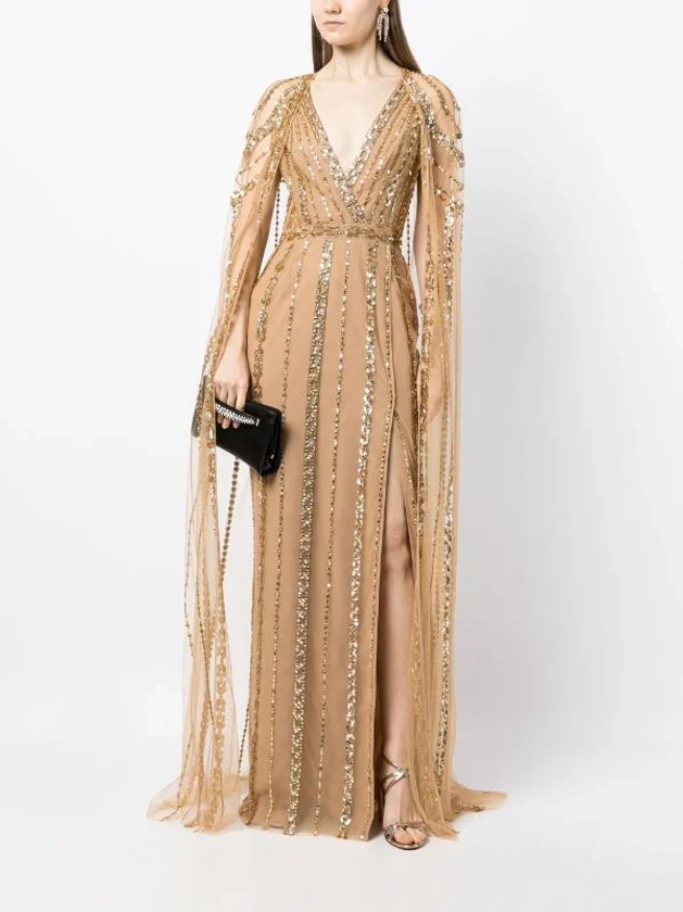 chain-embellished cape gown