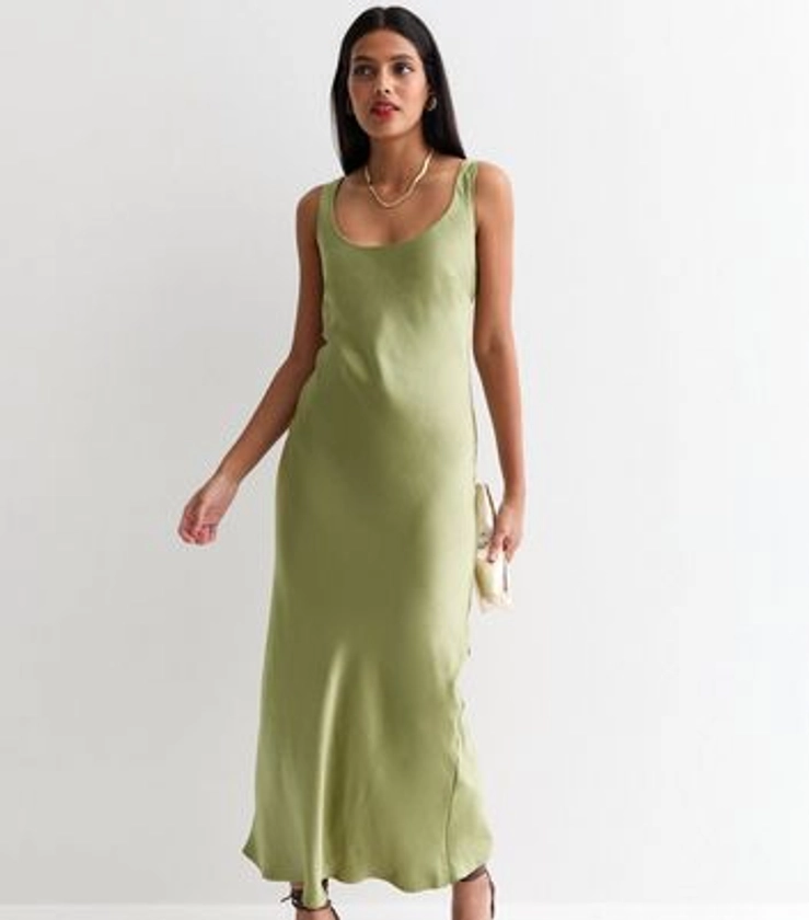 Olive Satin Scoop Neck Midaxi Slip Dress