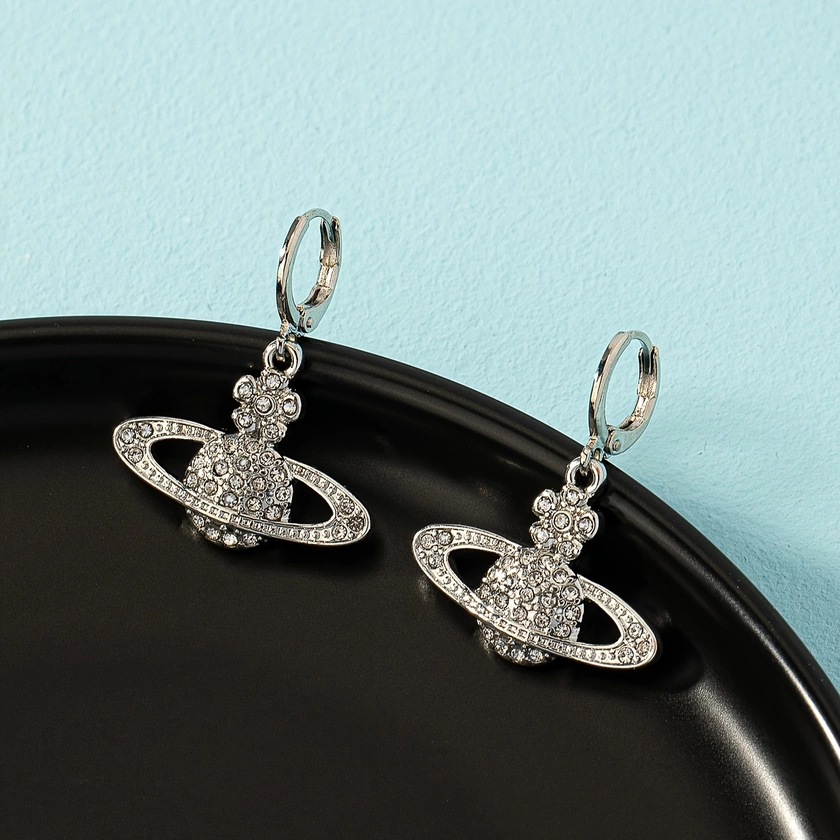 Exquisite Planet Design Shiny Rhinestone Inlaid Dangle Earrings Elegant Cute Style 18K Plated Jewelry Trendy Female Earrings