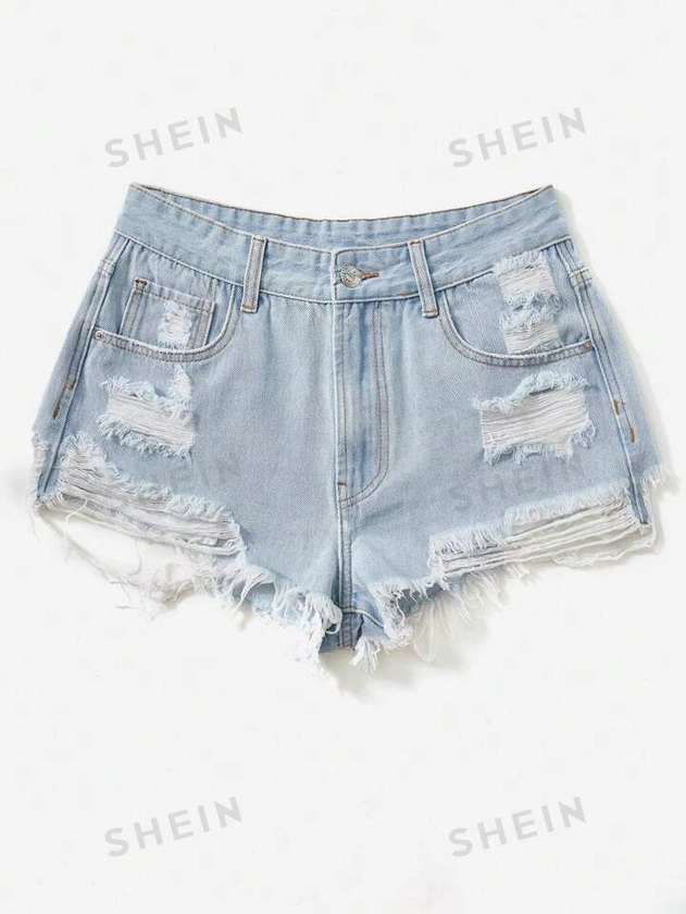 SHEIN EZwear High Waist Ripped Raw Hem Denim Shorts